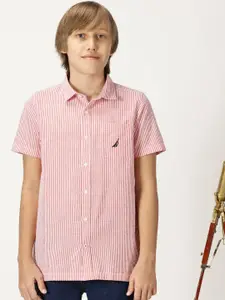 Nautica Boys Classic Vertical Striped Spread Collar Casual Shirt