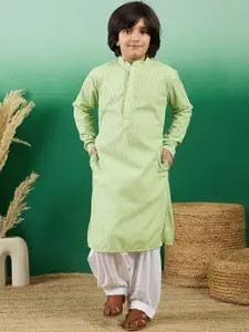 Sangria Boys Fluorescent Green Textured Self Design Mandarin Collar Kurta With Salwar