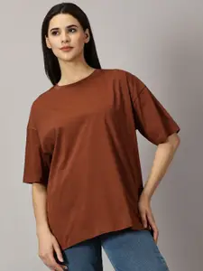 THE HOLLANDER Women Solid Round Neck Cotton Oversized T-Shirt
