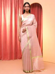 Indethnic Striped Zari Woven Banarasi Saree