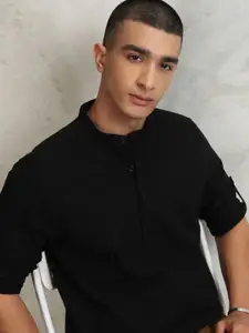 HIGHLANDER Men Solid Mandarin Collar Half Placket Roll-Up Sleeve Casual Shirt