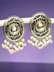 Anouk Gold-Toned Kundan-Studded & Beaded Oval Meenakari Drop Earrings