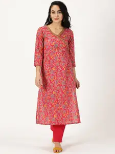 Saffron Threads Floral Printed V-Neck Sequinned Pure Cotton Angrakha Kurta