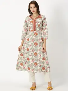 Saffron Threads Floral Printed V-Neck Cotton & Linen A-Line Kurta