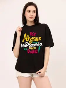 Leotude Women Typography Printed Extended Sleeves Applique T-shirt