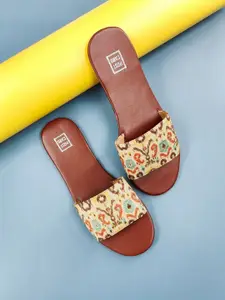 POSTCARD Women Printed Open Toe Flats with Embroidered