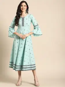 Anouk Ethnic Motifs Print Bell Sleeve A-Line Midi Dress
