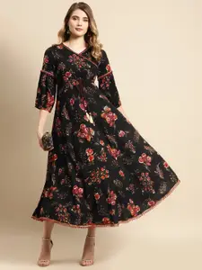Anouk Floral Print Flared Sleeve Liva Fit & Flare Midi Dress