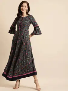 Anouk Geometric Print Bell Sleeve Liva Maxi Dress