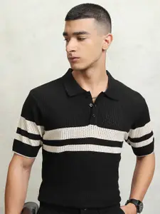 Highlander Men Relaxed Fit Striped Knitted Half Sleeve Half Placket T-Shirt