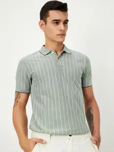 max Men Striped Polo Collar Drop-Shoulder Sleeves Pockets T-shirt