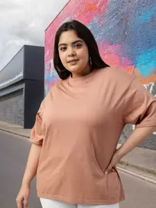 JUNEBERRY Women Solid Round Neck Pure Cotton Plus Size Oversized Tshirt