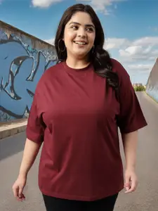 JUNEBERRY Women Solid Round Neck Pure Cotton Plus Size Oversized Tshirt