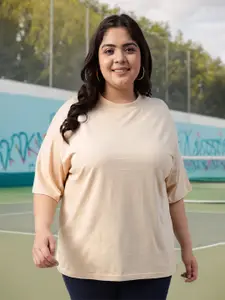 JUNEBERRY Women Solid Round Neck Pure Cotton Plus Size Oversized Tshirt