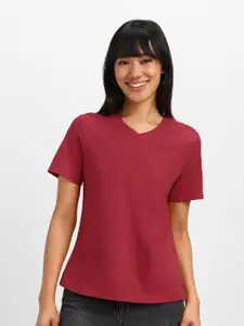 JUNEBERRY Women Solid V-Neck Cotton Tshirt