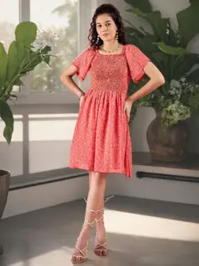 DressBerry Women Floral Printed Square Neck Flared Sleeve Fit and Flare Dress