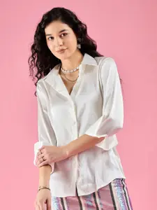 DressBerry Women Smart Spread Collar Solid Satin Casual Shirt