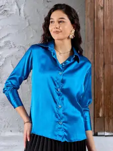 DressBerry Women Relaxed Spread Collar Solid Satin Casual Shirt