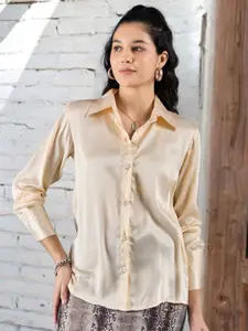 DressBerry Women Relaxed Spread Collar Solid Satin Casual Shirt