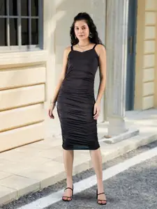 DressBerry Shoulder Straps Pleated Midi Bodycon Dress