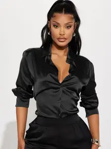 DressBerry Women Relaxed Spread Collar Solid Satin Casual Shirt