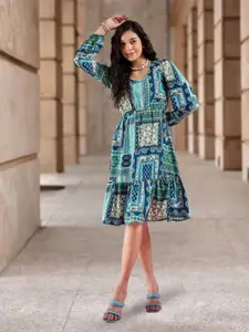 DressBerry Women Printed Round Neck Puff Sleeves Fit and Flare Knee Length Dress