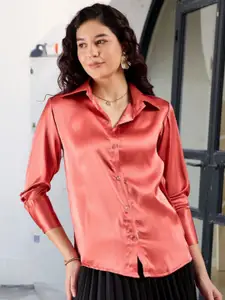 DressBerry Women Comfort Spread Collar Solid Satin Relaxed Fit Casual Shirt