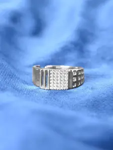 Clara Men 925 Sterling Silver Platinum-Plated Zirconia-Studded Adjustable Finger Ring