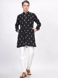 Anouk Black Floral Embroidered Thread Work Mandarin Collar Cotton Straight Kurta