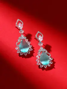 Priyaasi Silver-Plated American Diamond-Studded Contemporary Drop Earrings