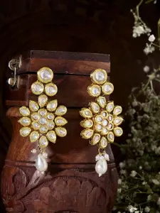 Priyaasi Gold-Plated Kundan-Studded & Pearl-Beaded Contemporary Drop Earrings
