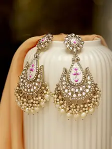 Priyaasi Gold-Plated Stone-Studded & Pearl-Beaded Contemporary Drop Earrings