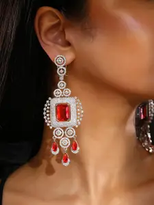 Priyaasi Silver-Plated American Diamond-Studded Contemporary Drop Earrings