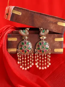 Priyaasi Gold-Plated Stone-Studded & Pearl Beaded Dome Shaped Drop Earrings