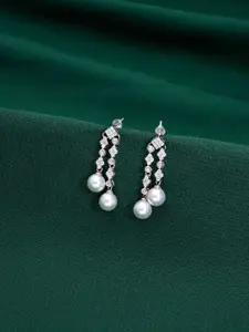 KAI JEWEL 92.5 Sterling Silver Rhodium-Plated Cubic Zirconia Studded Drop Earrings