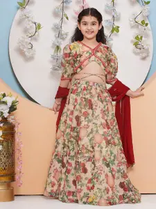 Bitiya by Bhama Girls Printed Mirror Work Ready to Wear Lehenga & Blouse With Dupatta