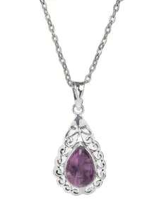Exotic India Amethyst Gemstone Drop Shaped Sterling Silver Pendant