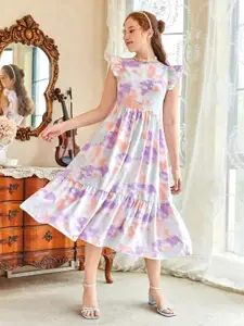 BAESD Women Abstract Printed Round Neck Flutter Sleeves Fit & Flare Maxi Dress