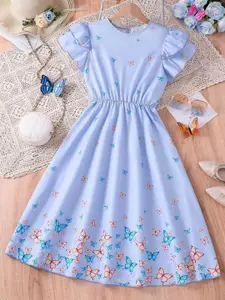 BAESD Girls Floral Printed Flared Sleeve Fit & Flare Dress