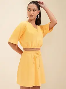 Tokyo Talkies Yellow V-Neck Crop Top With Mini Skirt
