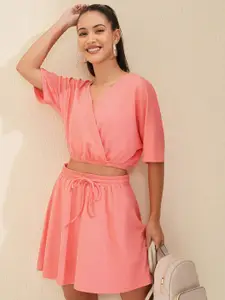 Tokyo Talkies Pink V-Neck Crop Top With Mini Skirt
