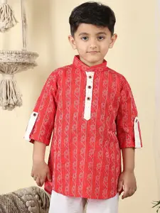 Sangria Boys Red & White Geometric Printed Mandarin Collar Straight Cotton Kurta