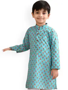 Sangria Blue Boys Ethnic Motifs Printed Mandarin Collar Cotton Straight Kurta