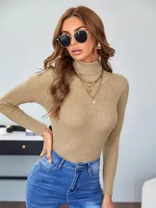 TANDUL Women Ribbed Turtle Neck Cotton Pullover