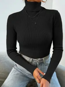 TANDUL Women Ribbed Turtle Neck Cotton Pullover