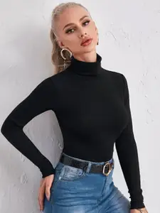 TANDUL Women Ribbed Turtle Neck Cotton Pullover