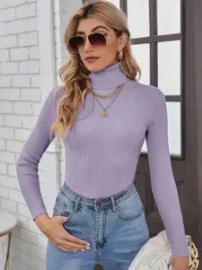 TANDUL Women Ribbed Turtle Neck Cotton Pullover