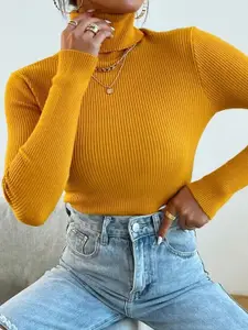 TANDUL Women Ribbed Turtle Neck Cotton Pullover