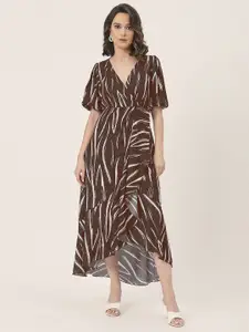 Moomaya Women Animal Print Flared Sleeve V-Neck Wrap Midi Dress