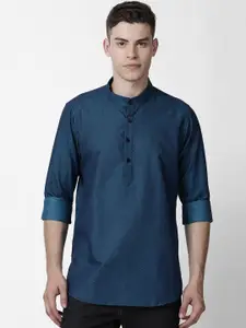 Cross Court Geometric Woven Design Mandarin Collar Cotton Straight Kurta